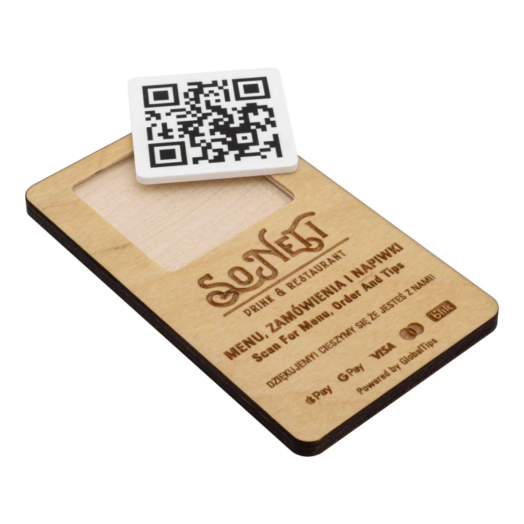 Plakette/Menükarte mit austauschbarem QR-Code und Firmenlogo - Größe 120x70 mm - TAB682