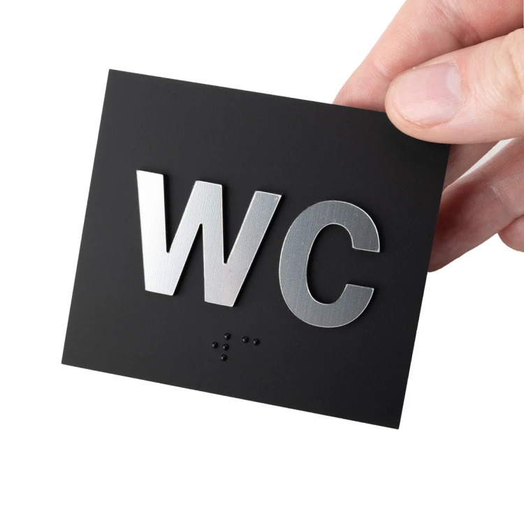 WC - Schild mit Braille-Schrift - Mattschwarz-Acryl und Silber-Laminat - Größe 80x70mm - TAB489