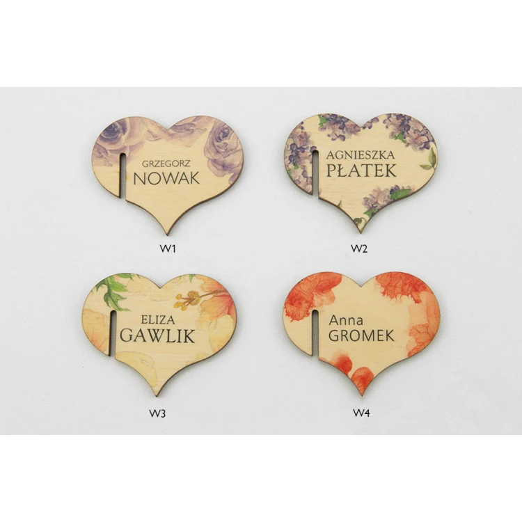 Platzkarten für Champagnergläser - Holzherzen - UV-Druck - WK005