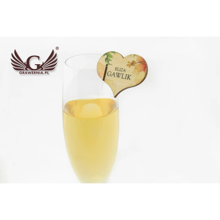 Platzkarten für Champagnergläser - Holzherzen - UV-Druck - WK005