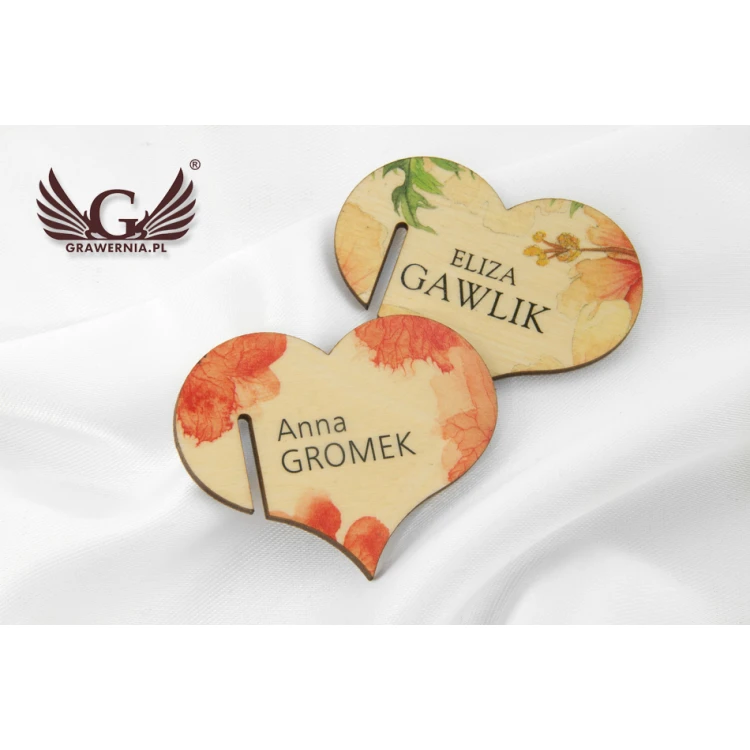 Platzkarten für Champagnergläser - Holzherzen - UV-Druck - WK005