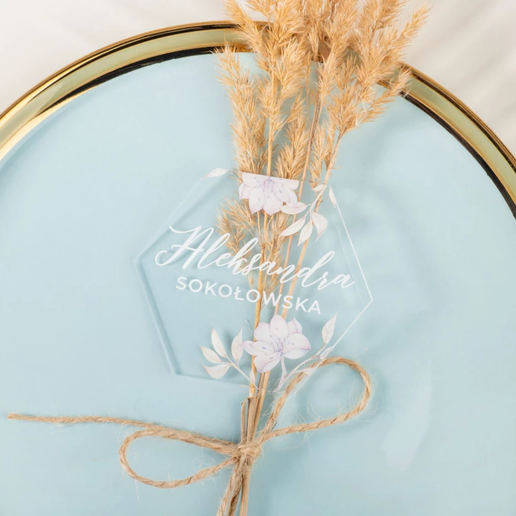 Hochzeitsetiketten aus transparentem Plexiglas mit UV-Druck - WIN005