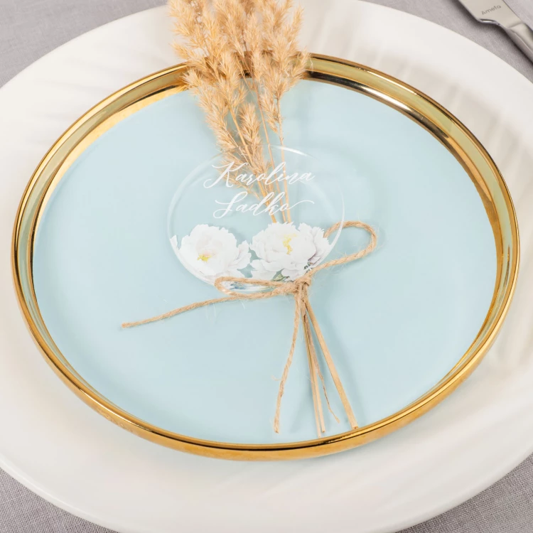 Hochzeitsetiketten aus transparentem Plexiglas mit UV-Druck - WIN013