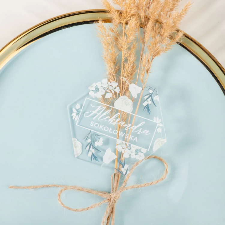 Hochzeitsetiketten aus transparentem Plexiglas mit UV-Druck - WIN019