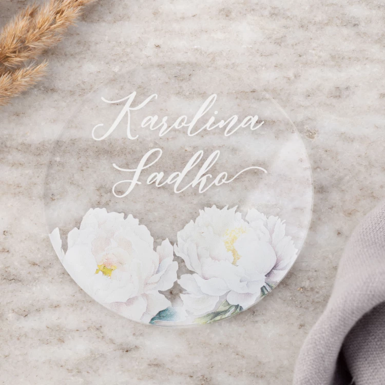 Hochzeitsetiketten aus transparentem Plexiglas mit UV-Druck - WIN013