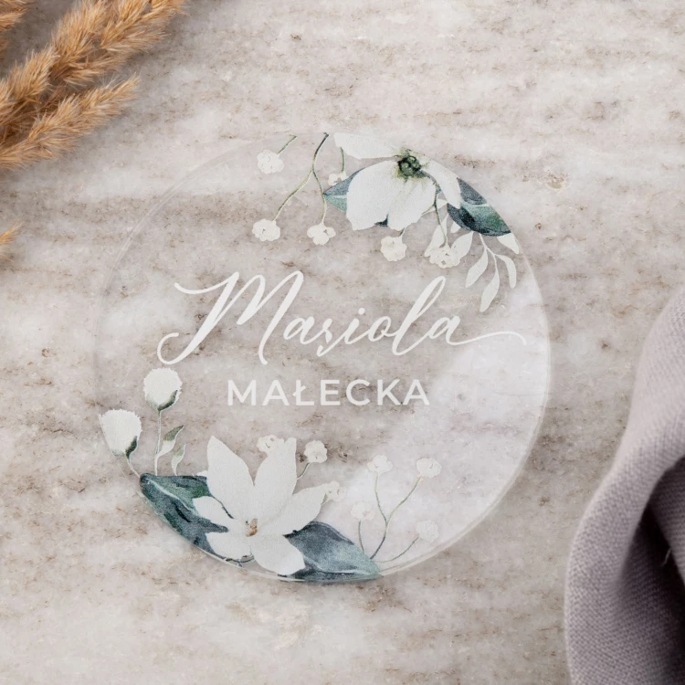 Hochzeitsetiketten aus transparentem Plexiglas mit UV-Druck - WIN011