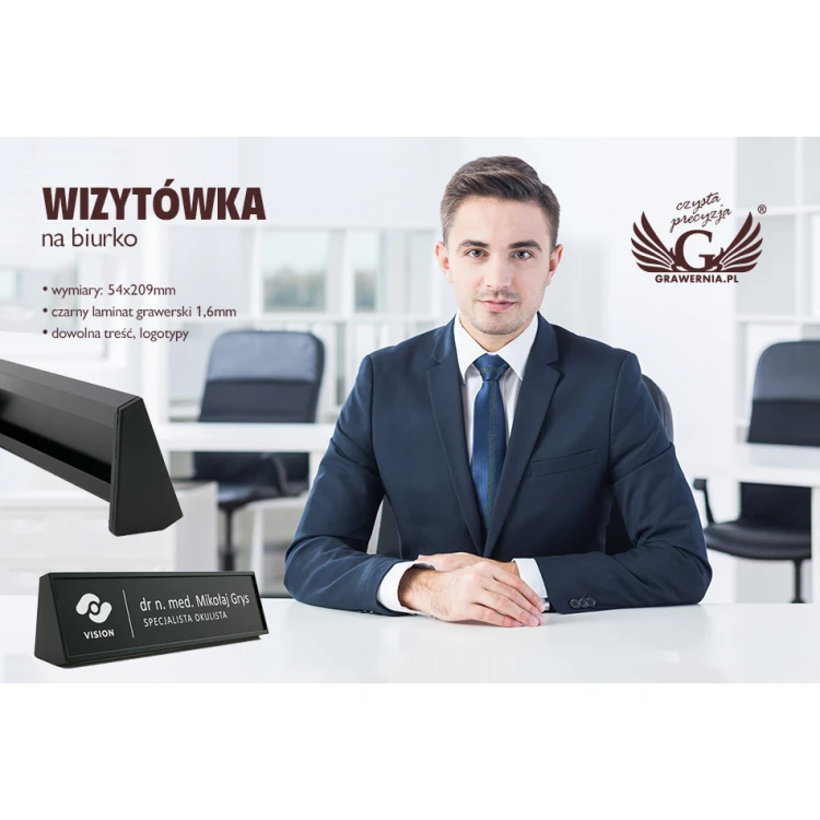 Schreibtischvisitenkarte mit graviertem Schild - schwarz - WIZ003