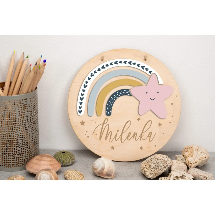 Holzschild mit Kindernamen - Regenbogen und Sternchen - Durchmesser 290mm - NAP038