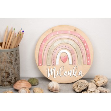 Holzschild mit Kindernamen - Regenbogen 2 - Durchmesser 290mm - NAP039