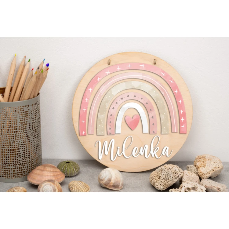 Holzschild mit Kindernamen - Regenbogen 2 - Durchmesser 290mm - NAP039