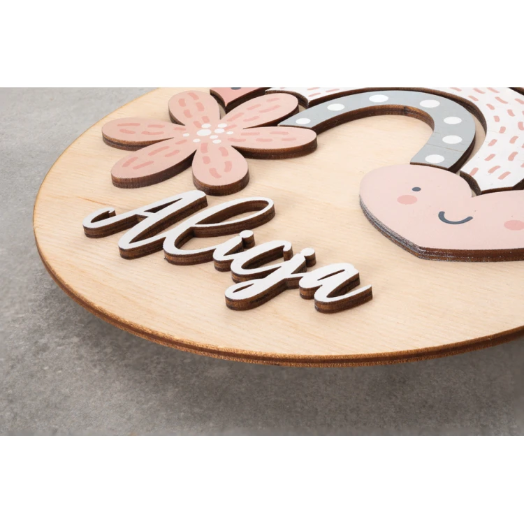 Holzschild mit Kindernamen - Regenbogen 5 - Durchmesser 290mm - NAP042