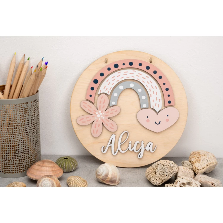 Holzschild mit Kindernamen - Regenbogen 5 - Durchmesser 290mm - NAP042