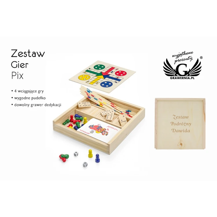 Spielset 4 in 1 Pix in einer Holzbox mit Gravur - GR003
