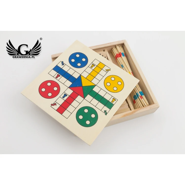 Spielset 4 in 1 Pix in einer Holzbox mit Gravur - GR003