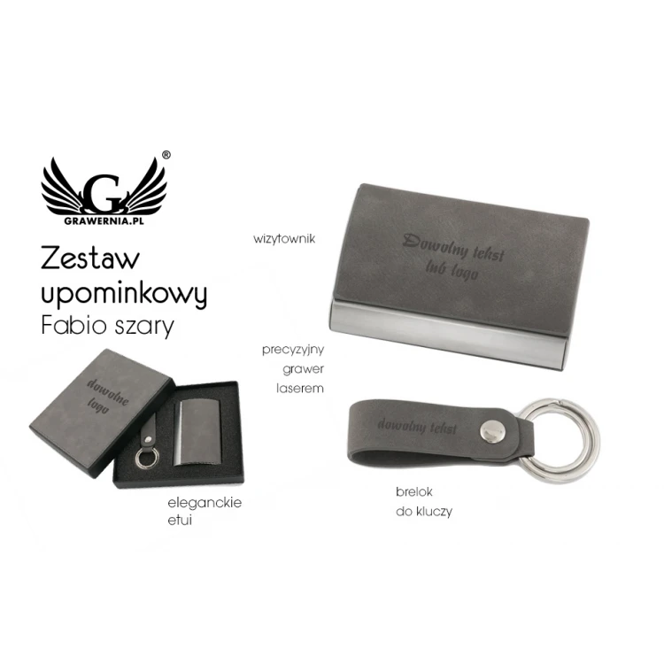 Geschenkset Visitenkartenhalter + Schlüsselanhänger - Fabio Grau mit Gravur - ZU004