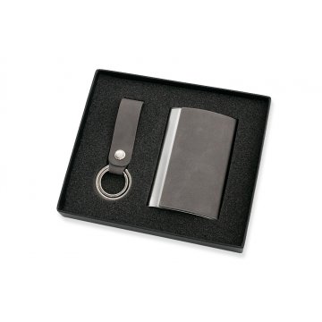 Geschenkset Visitenkartenhalter + Schlüsselanhänger - Fabio Grau mit Gravur - ZU004
