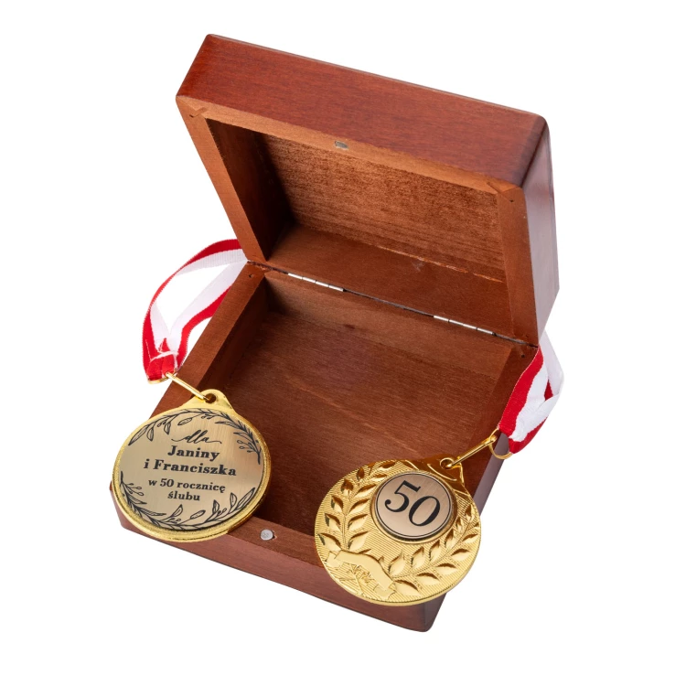 Goldmedaillen zur 50. goldenen Hochzeit - Set in Holzkassette - MGR111